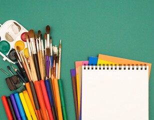 Colorful Flatlay of Art Supplies Including Paintbrushes, Markers, and Notebooks on