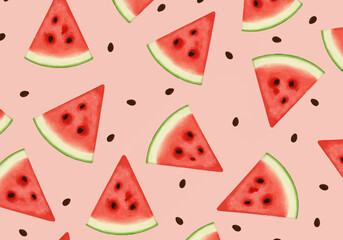 A Refreshing Summer Pattern Featuring Slices of Juicy Watermelon with Scattered Seeds on a Soft Pink Background