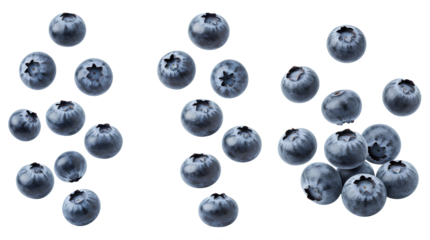 blueberries falling down set PNG. Blueberry fruit flying isolated. Ripe and organic blueberries suspended in air for organic fruit food promotions PNG. Blueberries fruit isolated