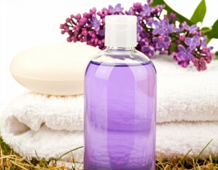 Composition with bottle of shower gel, towels and bath sponge isolated on white background  
