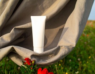 Cosmetic tube on floating soft fabric with natural folds
