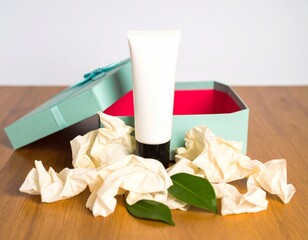 Cosmetic tube in open gift box with tissue paper mockup