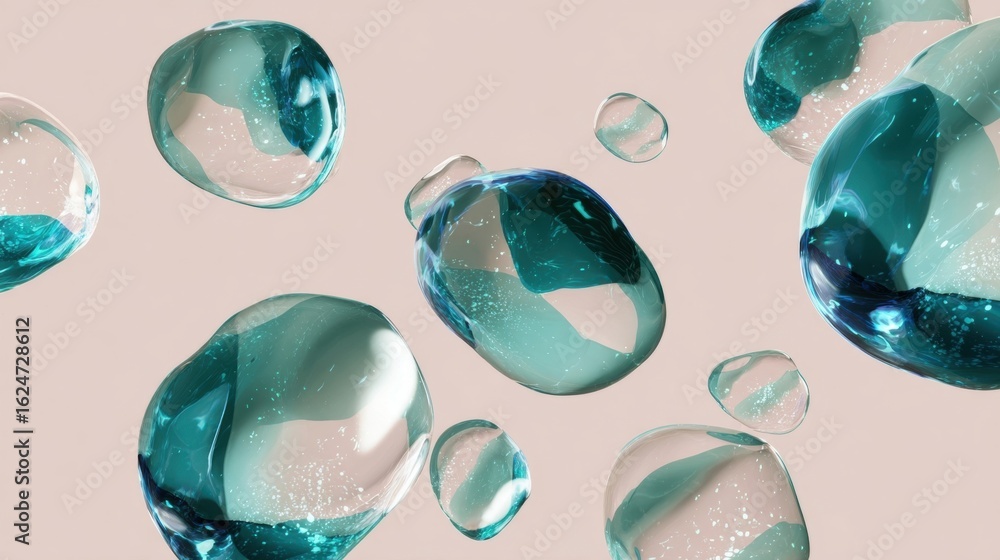 Poster colorful transparent bubbles floating on a soft background surface