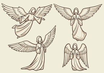 Collection of Four Stylized Angel Illustrations in Sepia Tones Showcasing Graceful Poses and Detailed Feathered Wings Suitable for Religious Art or Decorative Design Elements