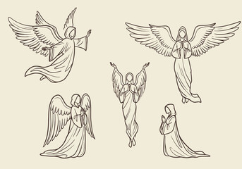 Fototapeta premium Collection of Five Serene Angelic Figures Depicted in a Classic Sketch Style with Detailed Wings and Flowing Robes Evoking a Sense of Divine Grace and Heavenly Presence