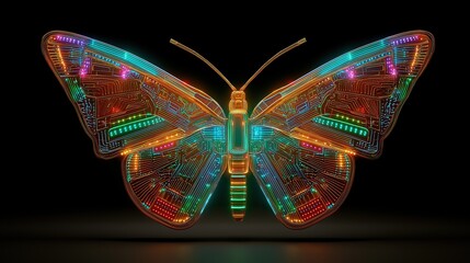 Colorful electronic butterfly with glowing circuit patterns and vibrant lights