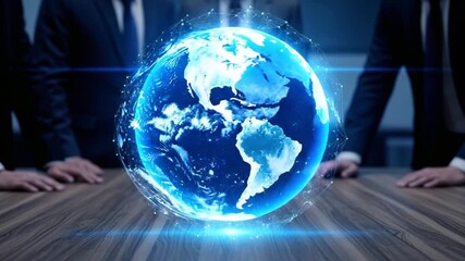 A glowing earth hologram on a table surrounded by business people in suits and ties standing - Powered by Adobe