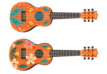 Obraz premium Vibrant Orange Ukuleles Adorned with Colorful Floral and Leafy Designs Showcasing a Festive Artistic Pattern Perfect for Music Lovers and Bohemian Decor Enthusiasts