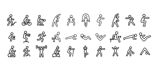 set of Bodyweight fitness icon. Thin line editable stroke icons for workouts, strength training, stretching, cardio routines, home exercises, core training, and functional movement