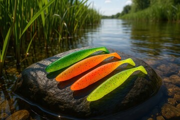 Summer Fishing Gear Close-Up: Vibrant Soft Baits on Wet River Stone with Reed Background Generative AI