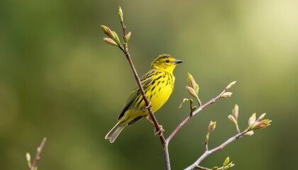 Yellow warbler bird perched on branch in nature serene forest environment close-up photography
