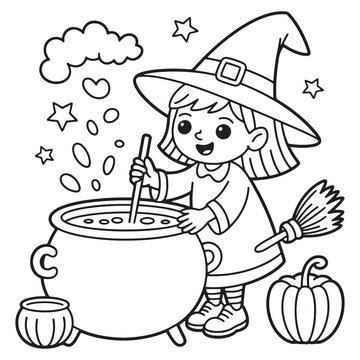 witch girl stirring cauldron black and white clip art preview
