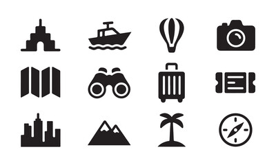 Collection of Black Silhouette Icons Representing Travel Destinations and Landmarks, a collection of black silhouette icons, depicting various travel destinations and landmarks on white