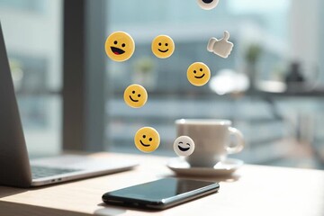 emoji and heart icons flying out of phone on the office desk - Powered by Adobe