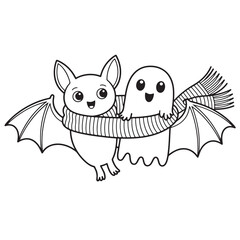 Adorable Bat and Ghost Friends Hugging – Cute Halloween Cartoon Line Art for Children’s Coloring Book