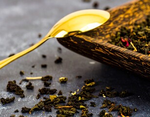 Elegant Dark Wooden Tray with Fresh Green Tea Leaves and Shiny Gold Spoon Flatley