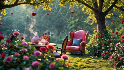 Whimsical Alice in Wonderland tea party scene with colorful ornate chairs around table in magical garden. Mad Hatter style setup with fine china and hanging decorations creates fairytale atmosphere.