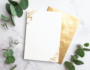 Elegant Invitation Card Featuring White Background, Gold Foil Details, and Greenery 