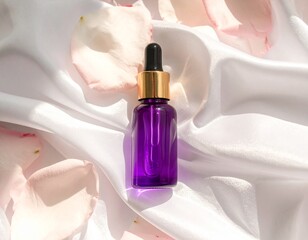 Elegant Purple Lip Oil Bottle Resting on White Satin Fabric with Scattered Rose Petal