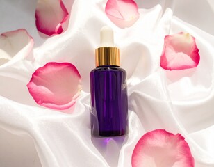 Elegant Purple Lip Oil Bottle Resting on White Satin Fabric with Scattered Rose Petal