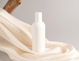 Elegant White Skincare Bottle Displayed on Draped Soft Fabric Riser with Neutral Back