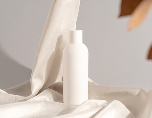 Elegant White Skincare Bottle Displayed on Draped Soft Fabric Riser with Neutral Back