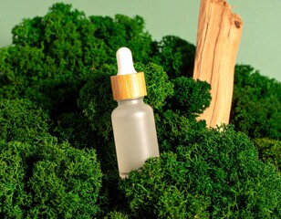 Essential oil bottle surrounded by soft moss on neutral backdrop