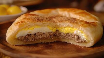 Half-sliced savory pastry with eggs and meat filling