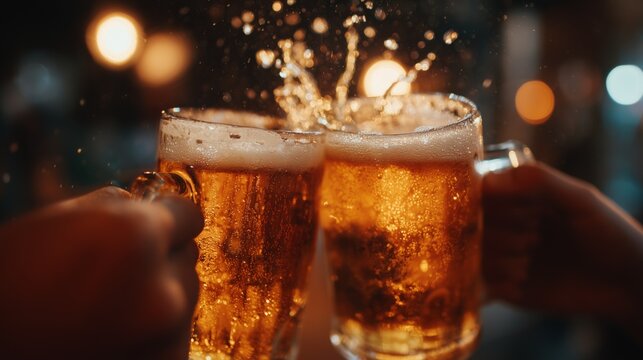 Two frothy beer mugs clink together, creating a splash against a warm, inviting background, evoking celebration and camaraderie.