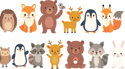 A cute cartoon animal vector set of funny pets, farm and wild animals, including a cat, dog, cow, pig, horse, bear, lion, rabbit, and elephant