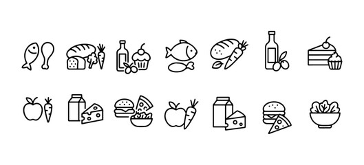 set of Food nutrition icon . Thin line editable stroke icons for healthy eating, food categories, diet balance, ingredients, meals, fresh produce, and nutrition
