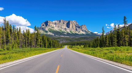 Fototapeta premium Scenic road leading to majestic mountain, surrounded by lush greenery and clear blue sky, evokes sense of adventure