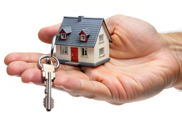 Hand holding a miniature house and key isolated on transparent background, symbolizing real estate, home ownership, and investment opportunities