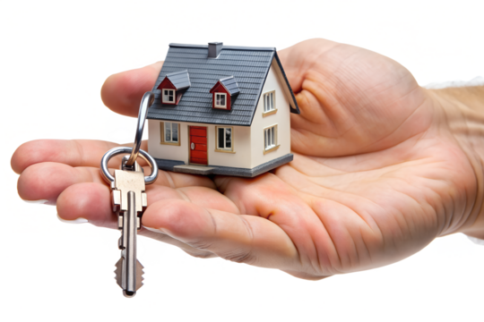 Hand holding a miniature house and key isolated on transparent background, symbolizing real estate, home ownership, and investment opportunities