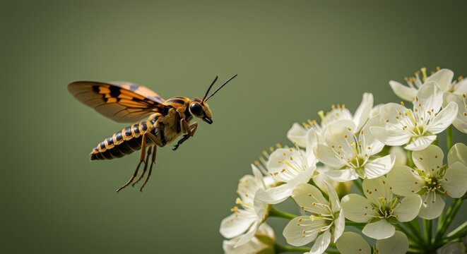 Golden Sawfly in Mid-Flight, Poised Before Landing on Delicate White Blossoms