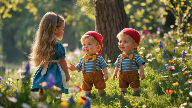 Young Alice with long golden blonde hair in blue dress and white apron meeting rotund Tweedledum and Tweedledee.