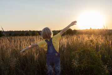 child joyfully looks at the setting sun, arms outstretched standing on a meadow and bathing in the...