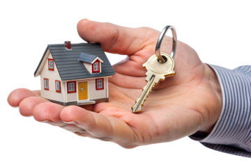 Hand holding a miniature house and key isolated on transparent background, representing real estate, home ownership, and investment opportunities