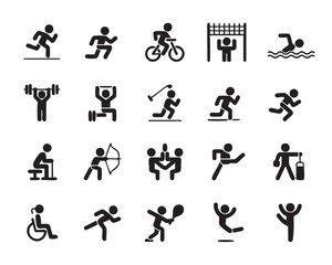 Black and white minimalist icons of people engaged in various sports and activities running jogging