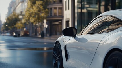 Modern white sports car on city street, wet asphalt