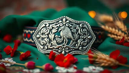 Traditional kueh lapis dessert with red and white frosting patterns on marble plate.