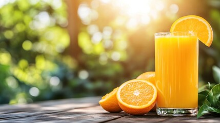 Naklejka premium Fresh orange juice in a glass, surrounded by oranges and green foliage outdoors, bathed in sunlight