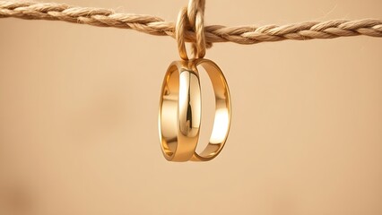 Golden wedding rings suspended on jute rope, elegant close-up with soft lighting enhancing their shine.