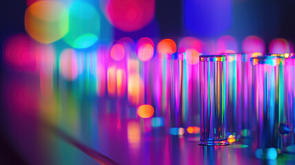 Colorful glass tubes illuminated by vibrant lights create mesmerizing visual effect, showcasing blend of colors