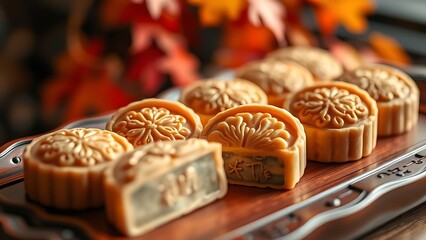 Traditional mooncakes on lacquered tray, floral patterns and gold accents, with autumn foliage backdrop.