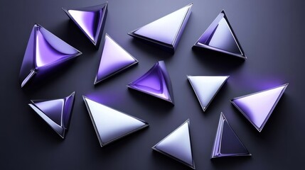 Scattered, metallic, purple and white triangles on dark background