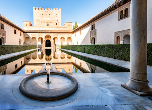 Courtyard of the Myrtles, Patio de los Arrayanes, in Alhambra, Granada, Spain.