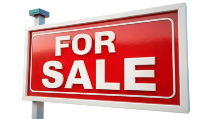 Red and white for sale sign isolated on transparent background to attract buyers
