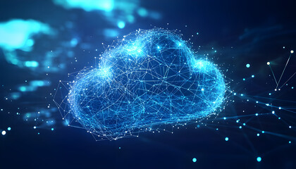 Futuristic digital concept of cloud technology with glowing abstract clouds, interconnected network lines data storage, global connectivity