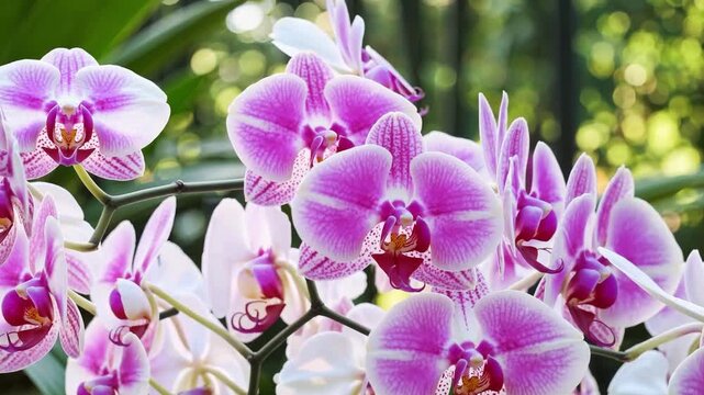 Closeup of vibrant pink and white phalaenopsis orchid flowers blooming